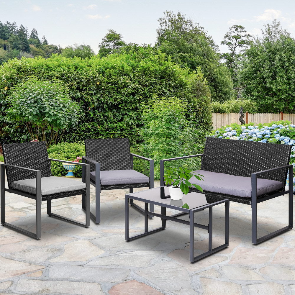 Marlook 4 PCS Outdoor Sofa Set Rattan Furniture Glass Top Table Chairs Black