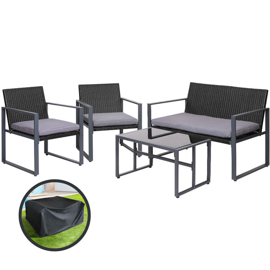 Marlook 4 PCS Outdoor Sofa Set Rattan Furniture with Storage Cover Chairs Black