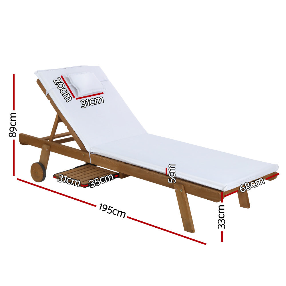 Marlook Sun Lounge Wooden Lounger Outdoor Furniture Day Bed Wheels Patio White