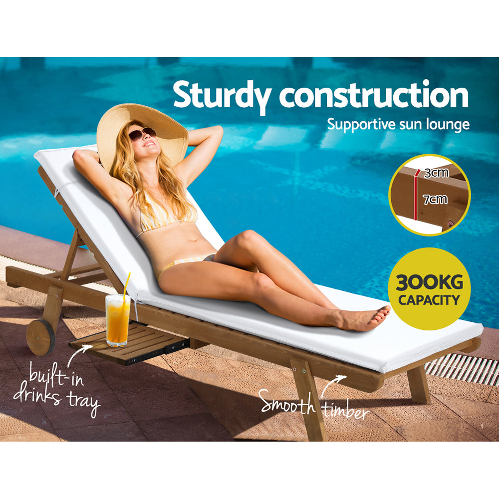 Marlook Sun Lounge Wooden Lounger Outdoor Furniture Day Bed Wheels Patio White