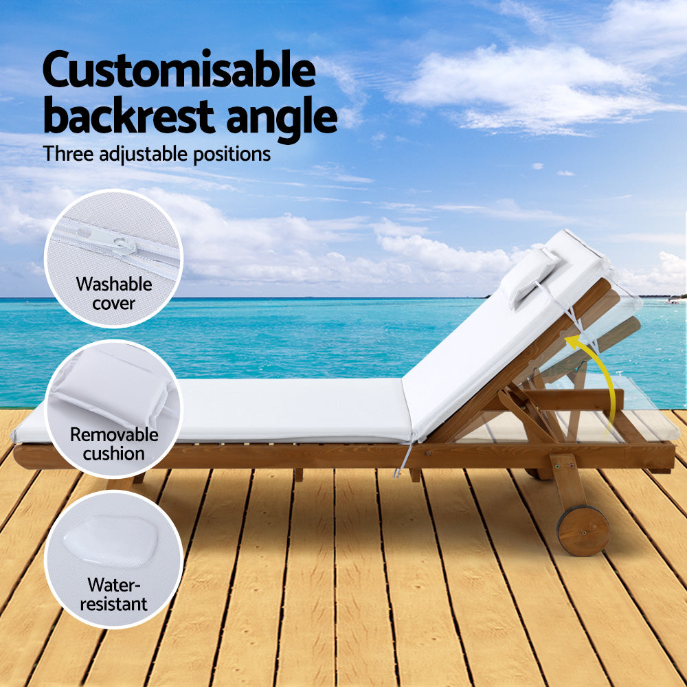 Marlook Sun Lounge Wooden Lounger Outdoor Furniture Day Bed Wheels Patio White