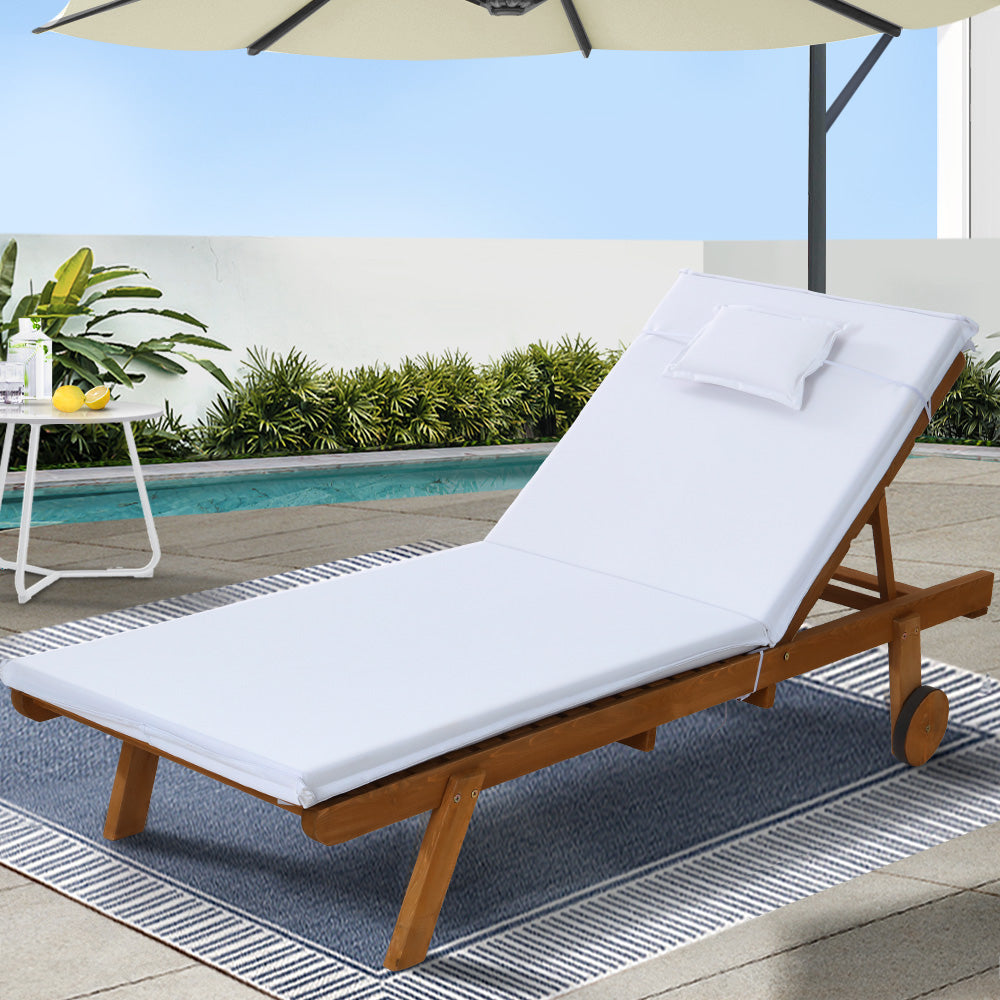 Marlook Sun Lounge Wooden Lounger Outdoor Furniture Day Bed Wheels Patio White