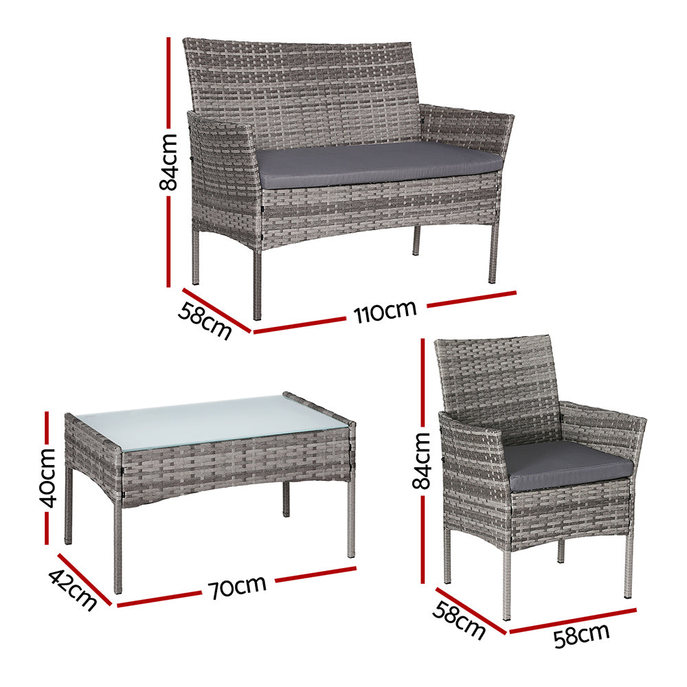 Marlook 4 Seater Outdoor Sofa Set Wicker Setting Table Chair Furniture Grey