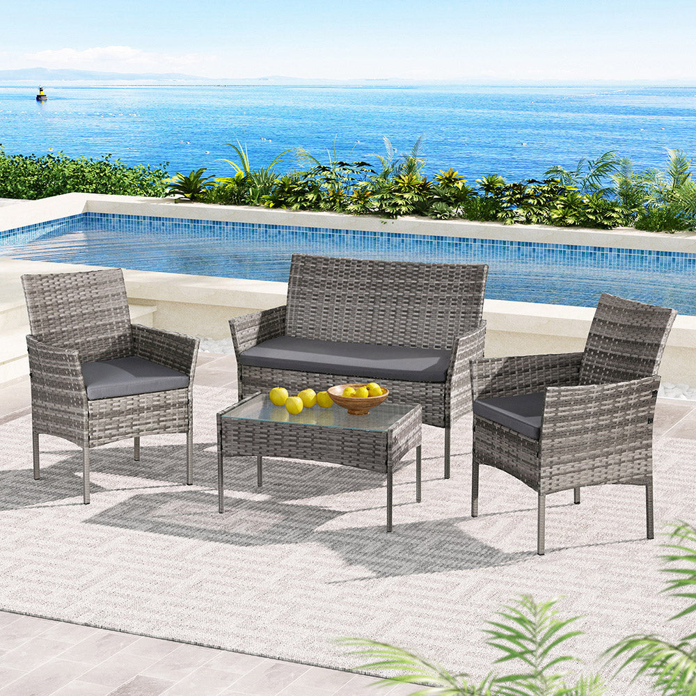 Marlook 4 Seater Outdoor Sofa Set Wicker Setting Table Chair Furniture Grey