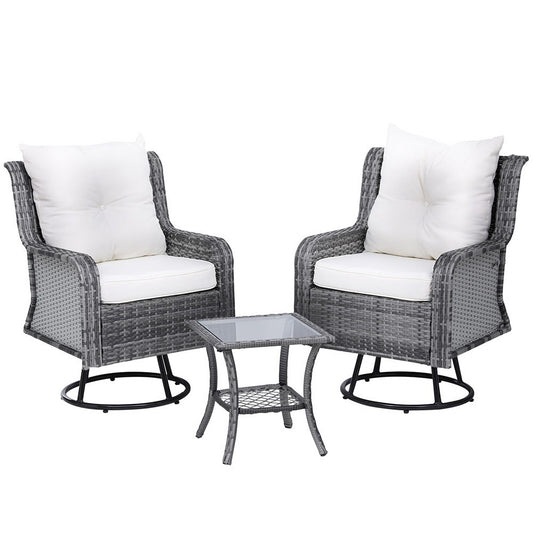 Marlook 3PC Outdoor Furniture Bistro Set Lounge Wicker Swivel Chairs Table Cushion Grey