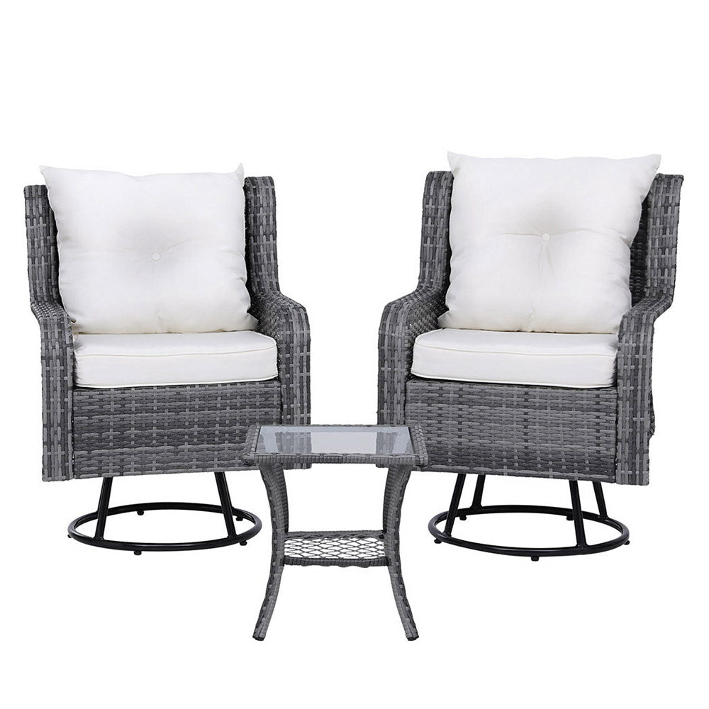 Marlook 3PC Outdoor Furniture Bistro Set Lounge Wicker Swivel Chairs Table Cushion Grey