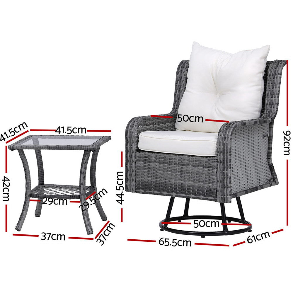 Marlook 3PC Outdoor Furniture Bistro Set Lounge Wicker Swivel Chairs Table Cushion Grey