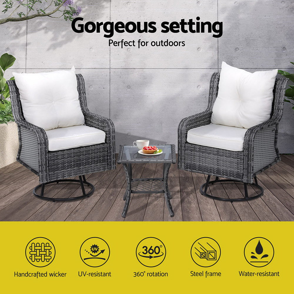 Marlook 3PC Outdoor Furniture Bistro Set Lounge Wicker Swivel Chairs Table Cushion Grey