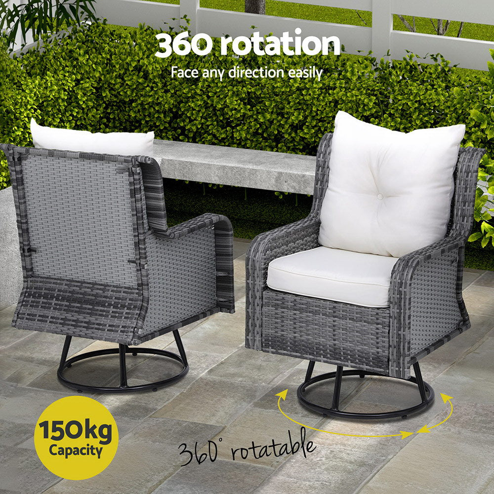 Marlook 3PC Outdoor Furniture Bistro Set Lounge Wicker Swivel Chairs Table Cushion Grey