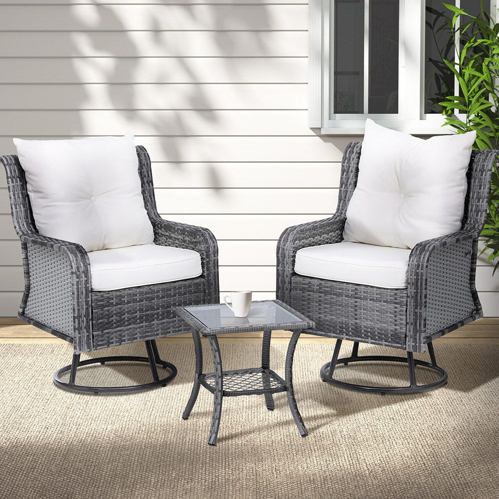 Marlook 3PC Outdoor Furniture Bistro Set Lounge Wicker Swivel Chairs Table Cushion Grey