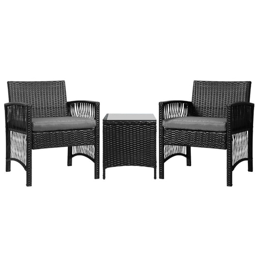 Marlook 3PC Outdoor Bistro Set Patio Furniture Wicker Dining Chairs Table Cushion Black