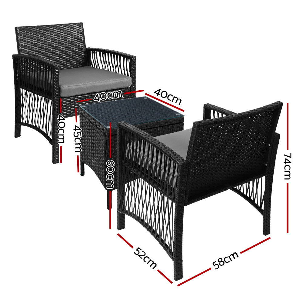 Marlook 3PC Outdoor Bistro Set Patio Furniture Wicker Dining Chairs Table Cushion Black