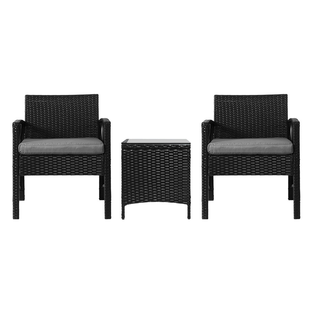 Marlook 3PC Outdoor Bistro Set Patio Furniture Wicker Dining Chairs Table Cushion Black