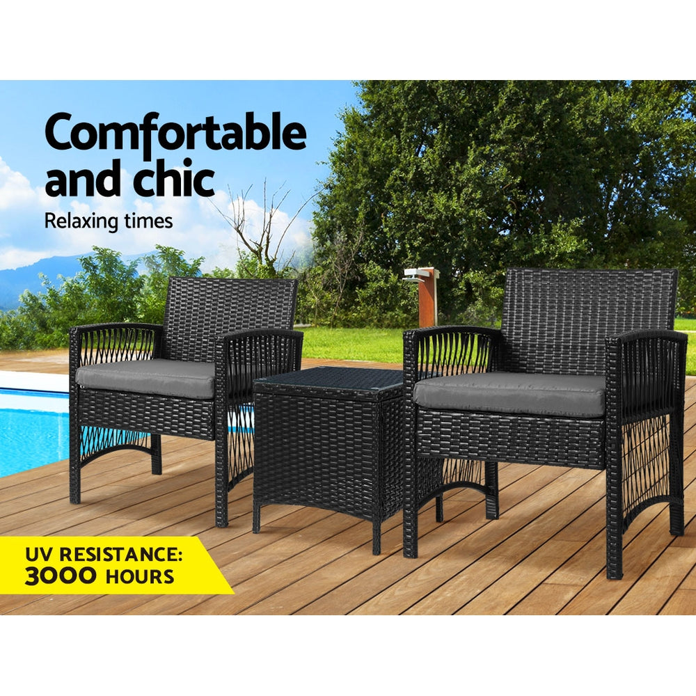 Marlook 3PC Outdoor Bistro Set Patio Furniture Wicker Dining Chairs Table Cushion Black