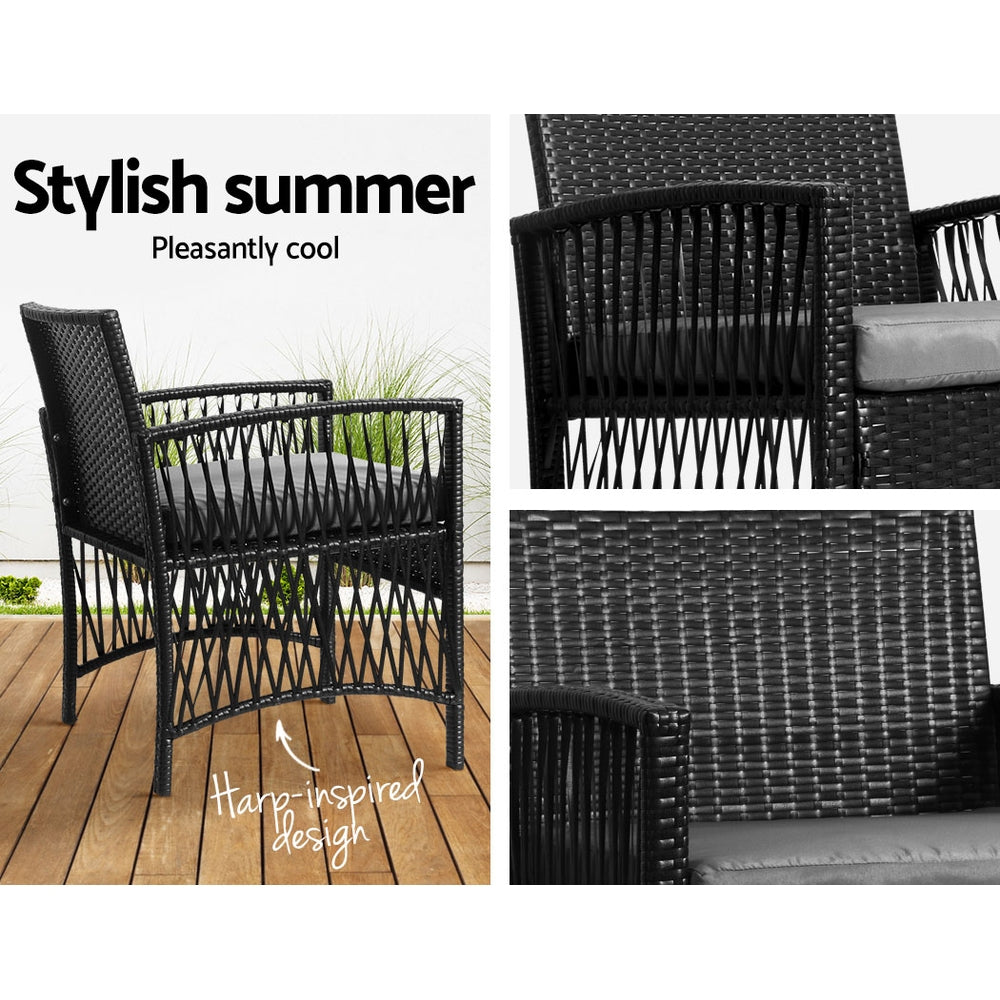 Marlook 3PC Outdoor Bistro Set Patio Furniture Wicker Dining Chairs Table Cushion Black