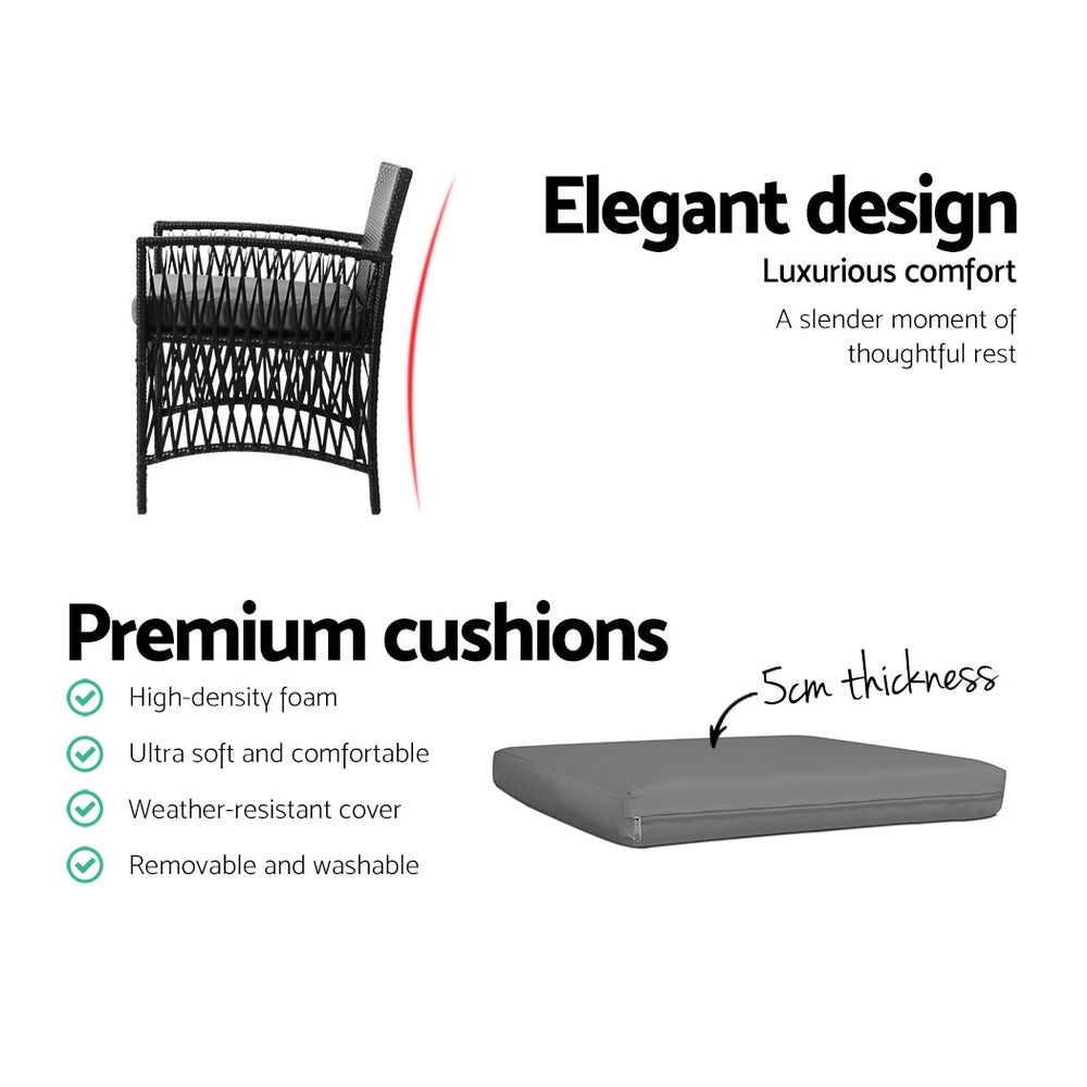Marlook 3PC Outdoor Bistro Set Patio Furniture Wicker Dining Chairs Table Cushion Black