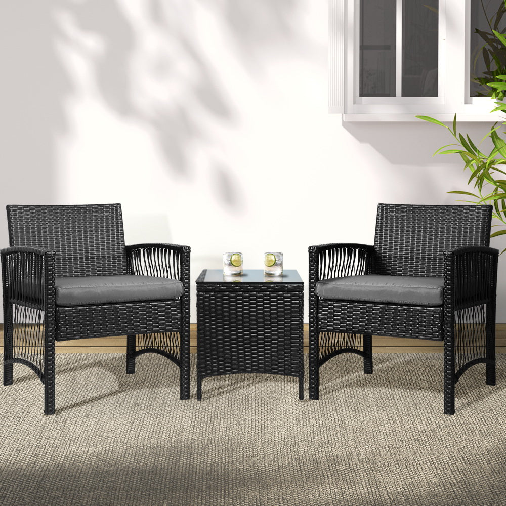 Marlook 3PC Outdoor Bistro Set Patio Furniture Wicker Dining Chairs Table Cushion Black