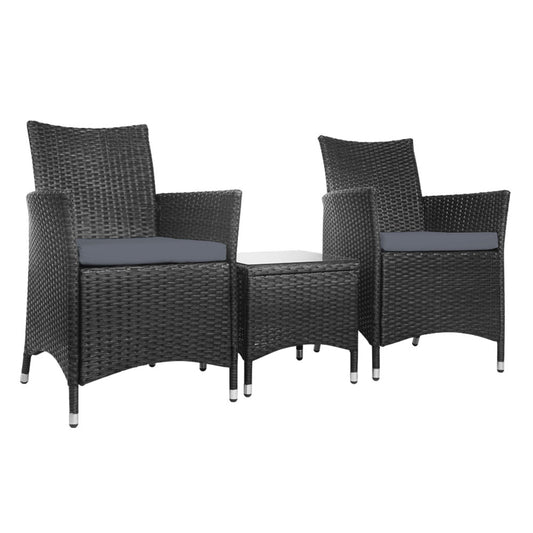 Marlook 3PC Outdoor Bistro Set Patio Furniture Wicker Setting Chairs Table Cushion Black