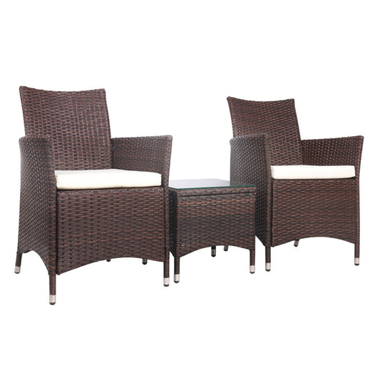 Marlook 3PC Outdoor Bistro Set Patio Furniture Wicker Setting Chairs Table Cushion Brown
