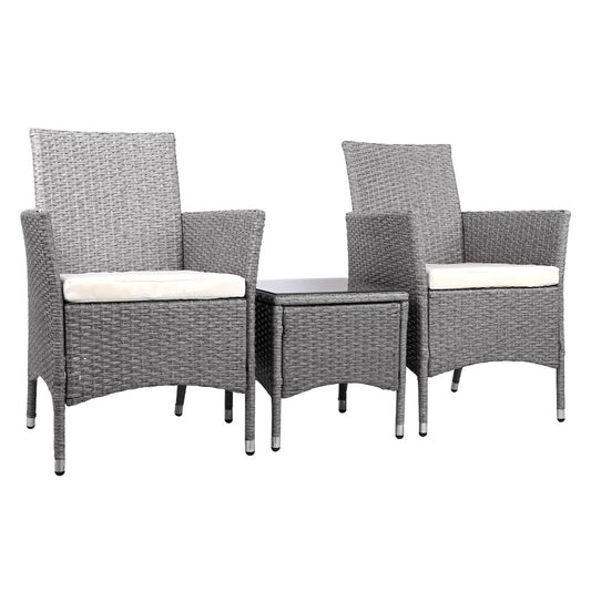 Marlook 3PC Outdoor Bistro Set Patio Furniture Wicker Setting Chairs Table Cushion Grey