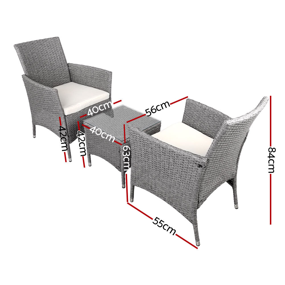 Marlook 3PC Outdoor Bistro Set Patio Furniture Wicker Setting Chairs Table Cushion Grey