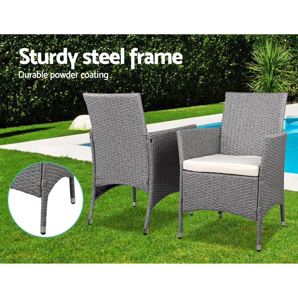 Marlook 3PC Outdoor Bistro Set Patio Furniture Wicker Setting Chairs Table Cushion Grey