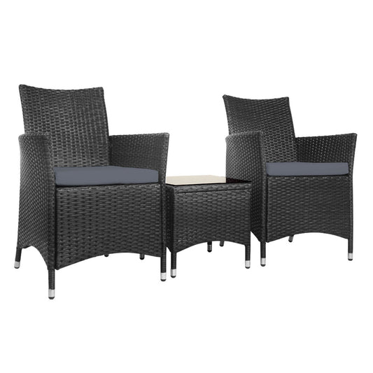 Marlook 3PC Outdoor Bistro Set Patio Furniture Wicker Chairs Table Cushion All Black