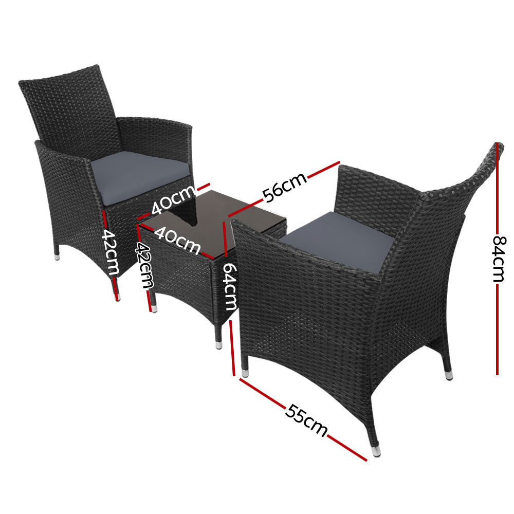 Marlook 3PC Outdoor Bistro Set Patio Furniture Wicker Chairs Table Cushion All Black