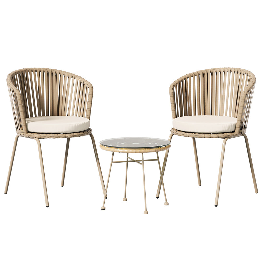 Marlook 3PC Outdoor Bistro Set Patio Furniture Rope Setting Chairs Table Beige