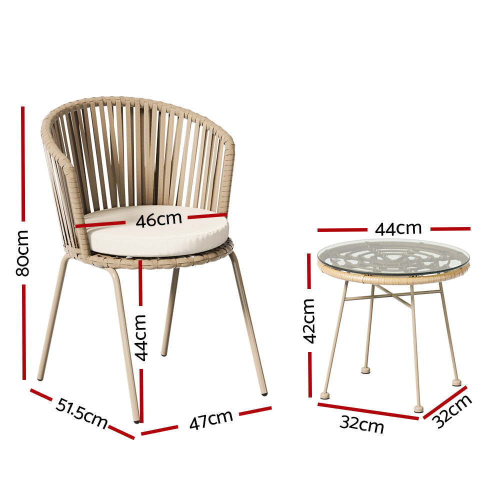 Marlook 3PC Outdoor Bistro Set Patio Furniture Rope Setting Chairs Table Beige