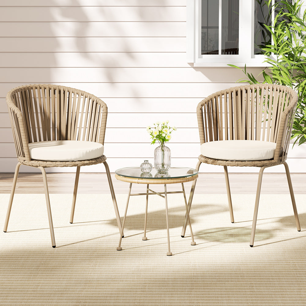 Marlook 3PC Outdoor Bistro Set Patio Furniture Rope Setting Chairs Table Beige