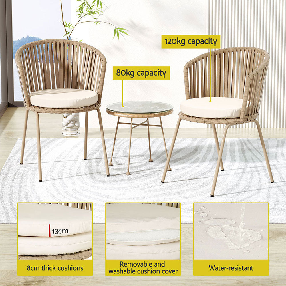 Marlook 3PC Outdoor Bistro Set Patio Furniture Rope Setting Chairs Table Beige