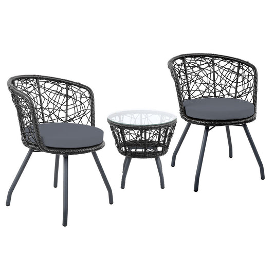Marlook 3PC Bistro Set Outdoor Furniture Rattan Table Chairs Patio Garden Cushion Black