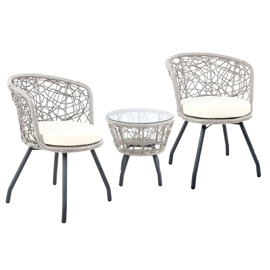 Marlook 3PC Bistro Set Outdoor Furniture Rattan Table Chairs Patio Garden Cushion Grey