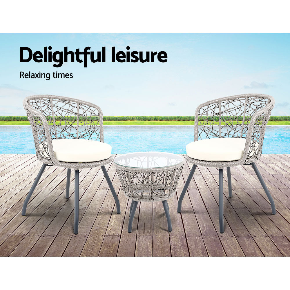 Marlook 3PC Bistro Set Outdoor Furniture Rattan Table Chairs Patio Garden Cushion Grey