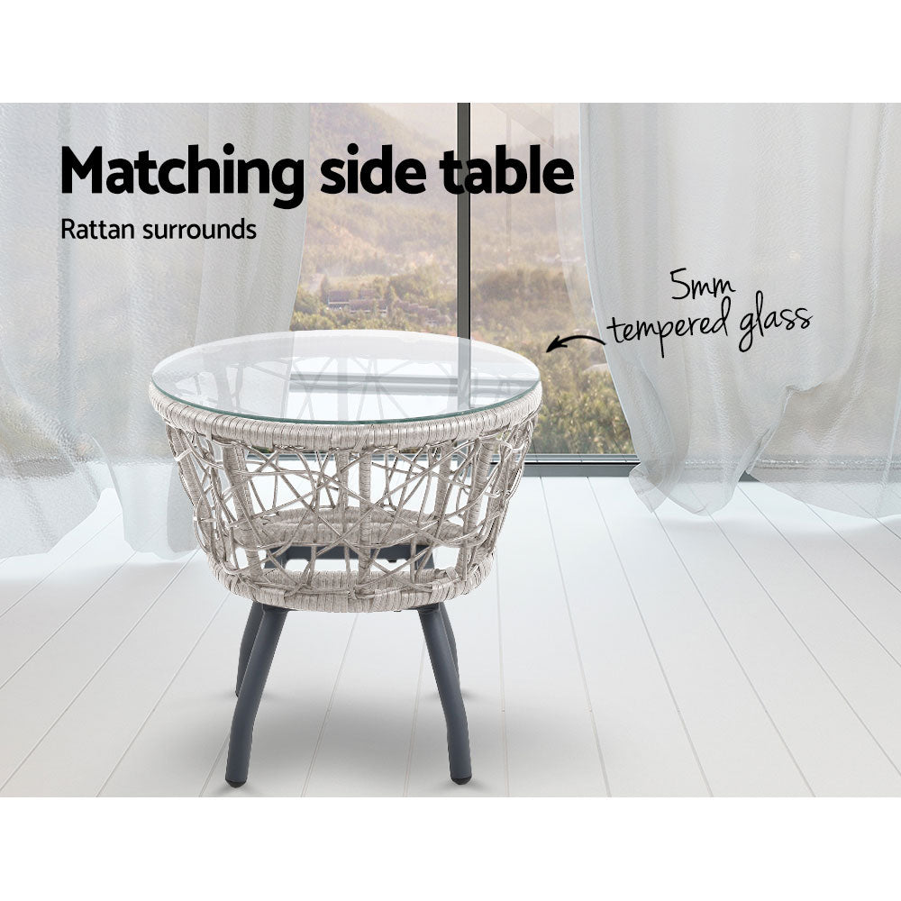 Marlook 3PC Bistro Set Outdoor Furniture Rattan Table Chairs Patio Garden Cushion Grey