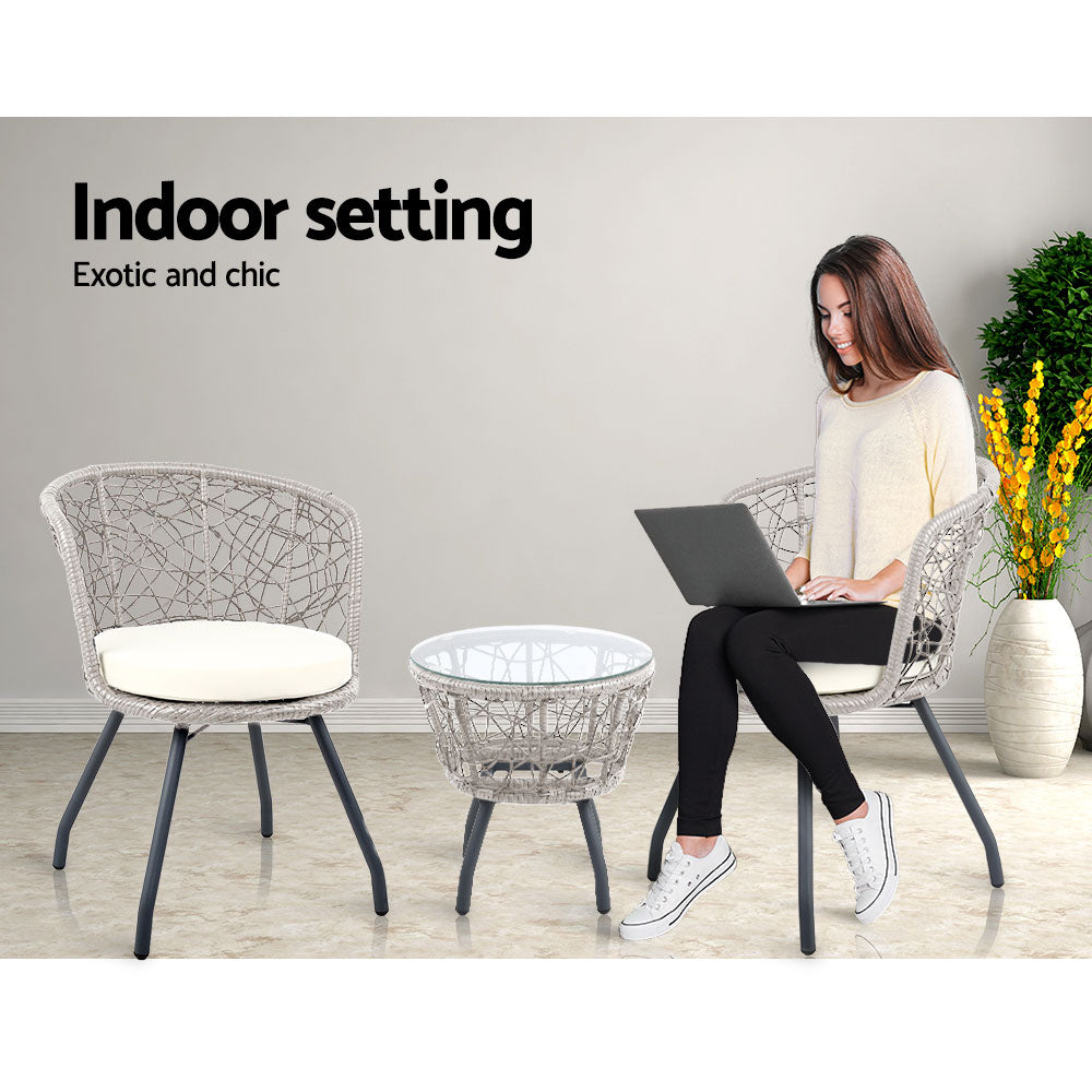 Marlook 3PC Bistro Set Outdoor Furniture Rattan Table Chairs Patio Garden Cushion Grey