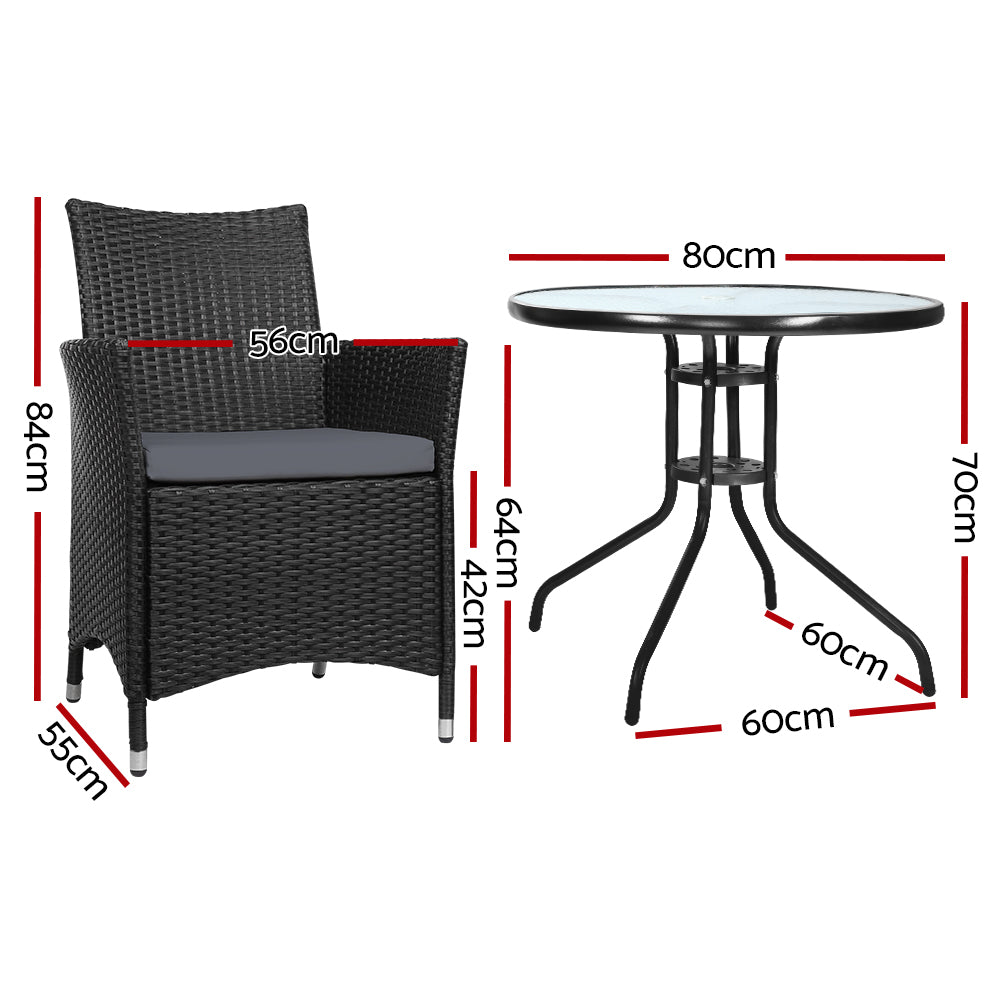 Marlook 3PC Bistro Set Outdoor Furniture Rattan Table Chairs Cushion Patio Garden Idris