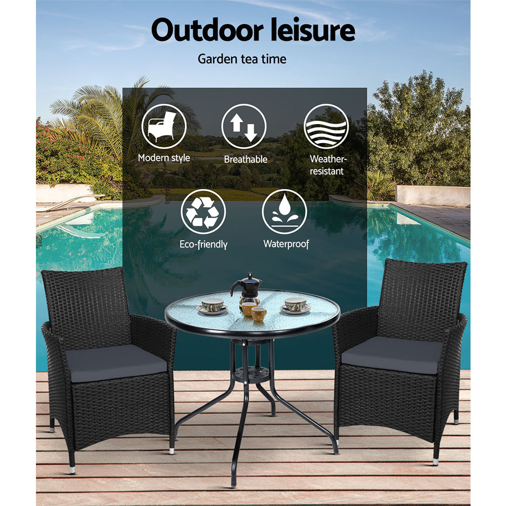 Marlook 3PC Bistro Set Outdoor Furniture Rattan Table Chairs Cushion Patio Garden Idris