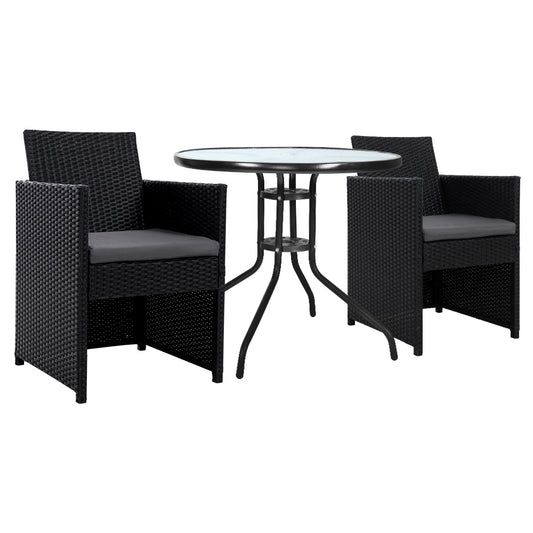 Marlook 3PC Bistro Set Outdoor Furniture Rattan Table Chairs Cushion Patio Garden Hugo