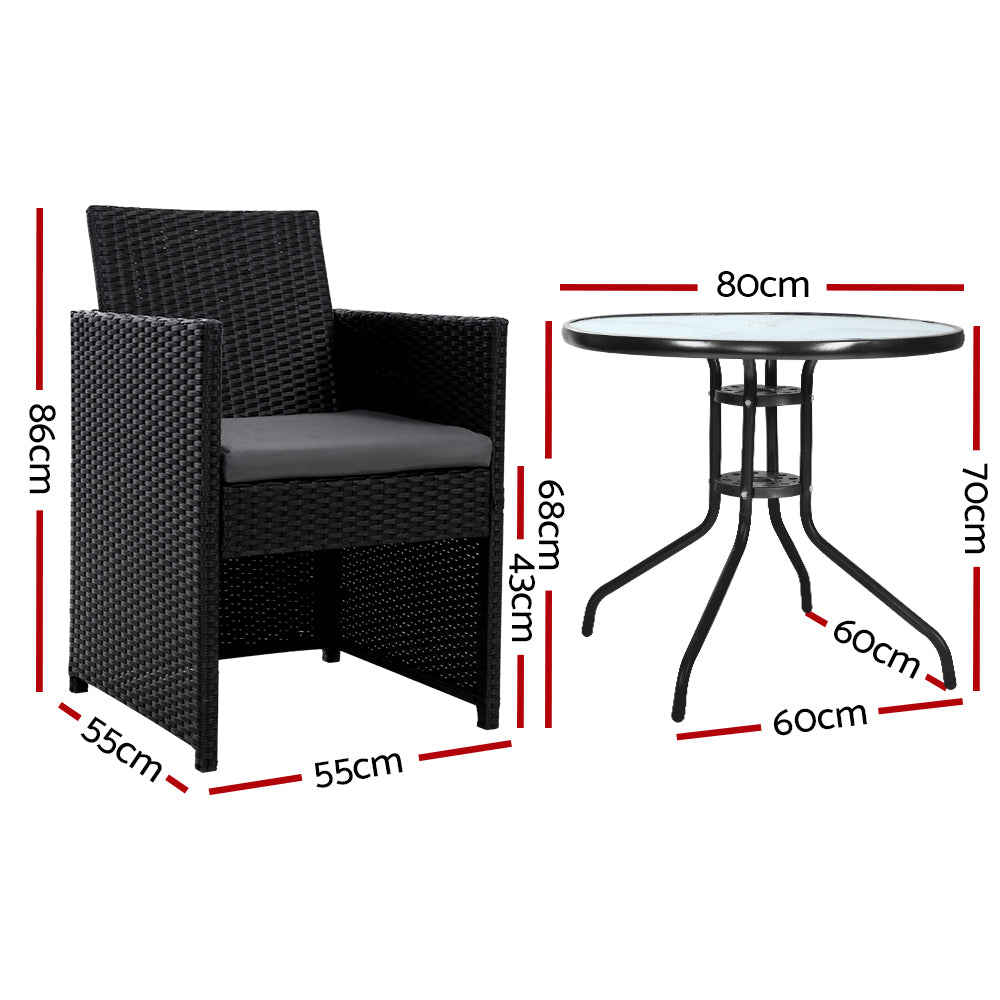 Marlook 3PC Bistro Set Outdoor Furniture Rattan Table Chairs Cushion Patio Garden Hugo