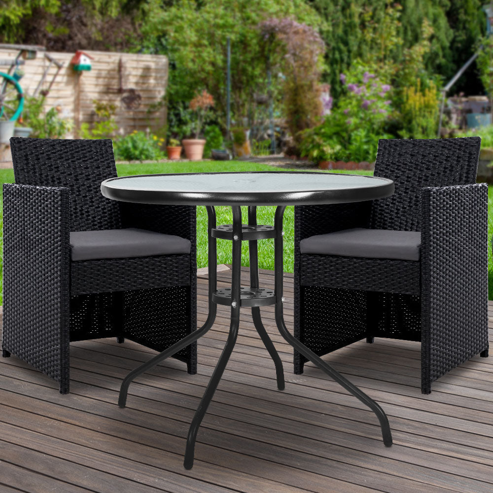 Marlook 3PC Bistro Set Outdoor Furniture Rattan Table Chairs Cushion Patio Garden Hugo