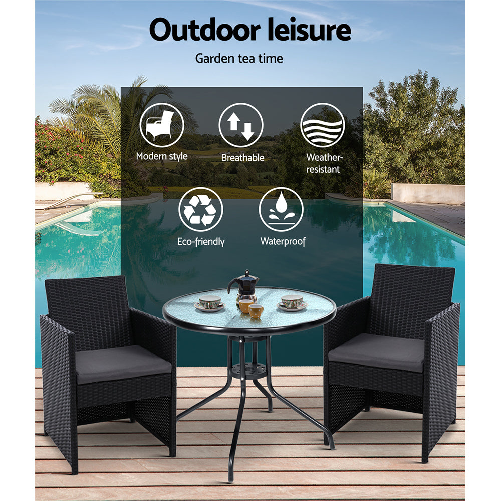 Marlook 3PC Bistro Set Outdoor Furniture Rattan Table Chairs Cushion Patio Garden Hugo
