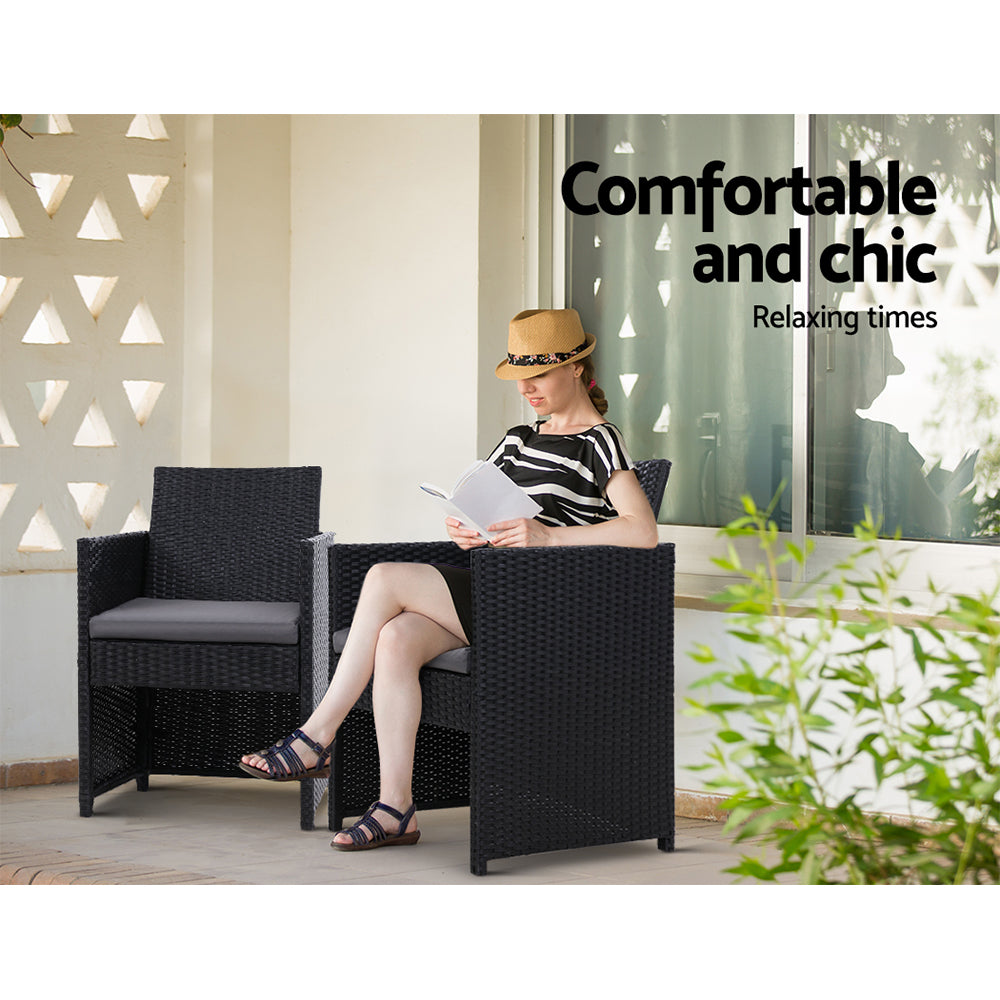 Marlook 3PC Bistro Set Outdoor Furniture Rattan Table Chairs Cushion Patio Garden Hugo