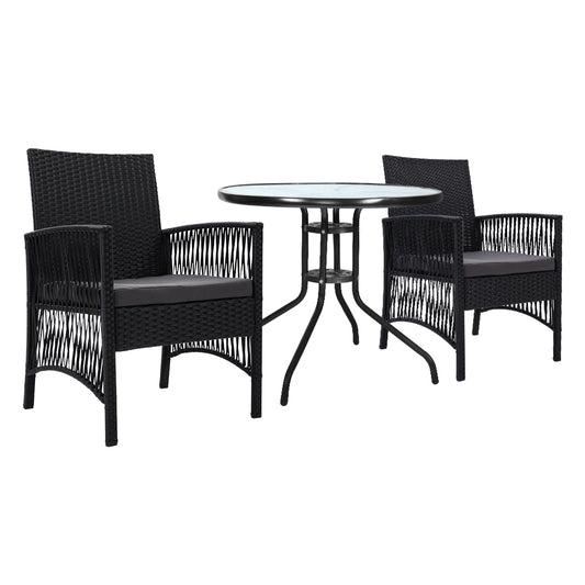 Marlook 3PC Bistro Set Outdoor Furniture Rattan Table Chairs Cushion Patio Garden Lyra