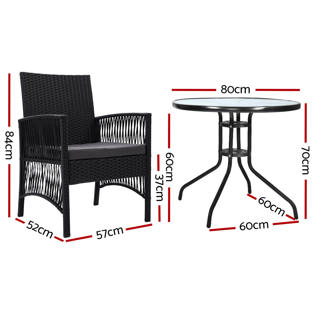 Marlook 3PC Bistro Set Outdoor Furniture Rattan Table Chairs Cushion Patio Garden Lyra