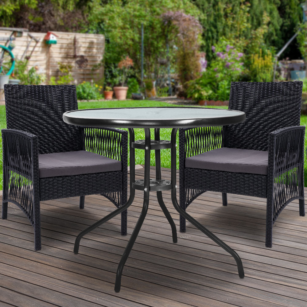 Marlook 3PC Bistro Set Outdoor Furniture Rattan Table Chairs Cushion Patio Garden Lyra