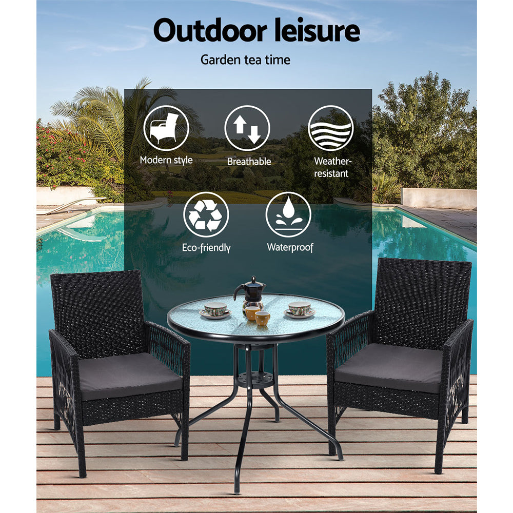 Marlook 3PC Bistro Set Outdoor Furniture Rattan Table Chairs Cushion Patio Garden Lyra