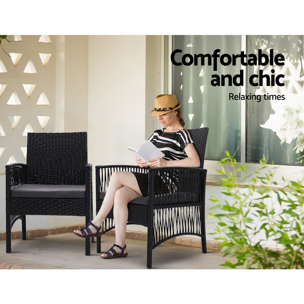 Marlook 3PC Bistro Set Outdoor Furniture Rattan Table Chairs Cushion Patio Garden Lyra