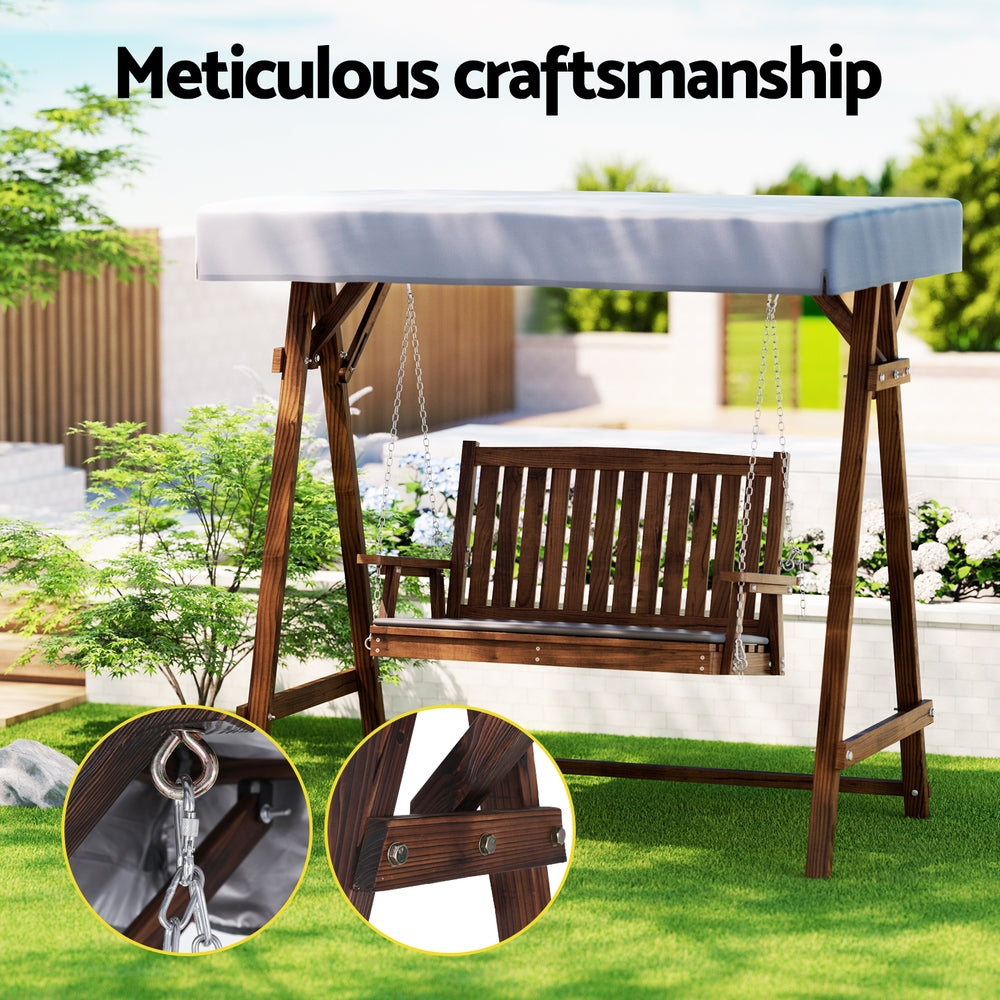 Marlook Outdoor Wooden Swing Chair Garden Bench Canopy Cushion 2 Seater Charcoal